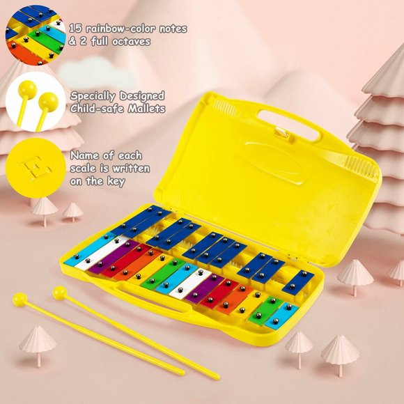 25 Notes Kids Glockenspiel Chromatic Metal Xylophone w/Yellow Case and 2 Mallets